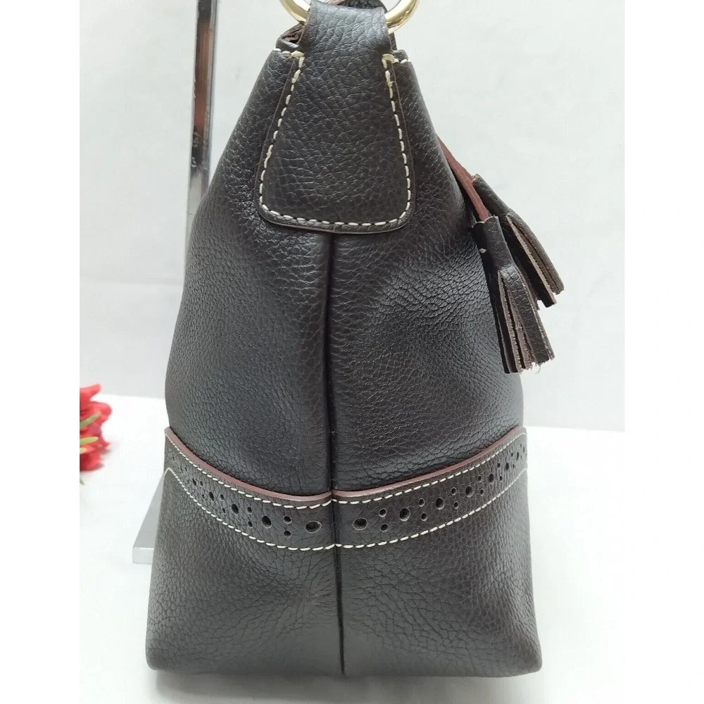 Dooney & Bourke Brown Pebbled Leather Round Logo Zipper Hobo Shoulder Bag